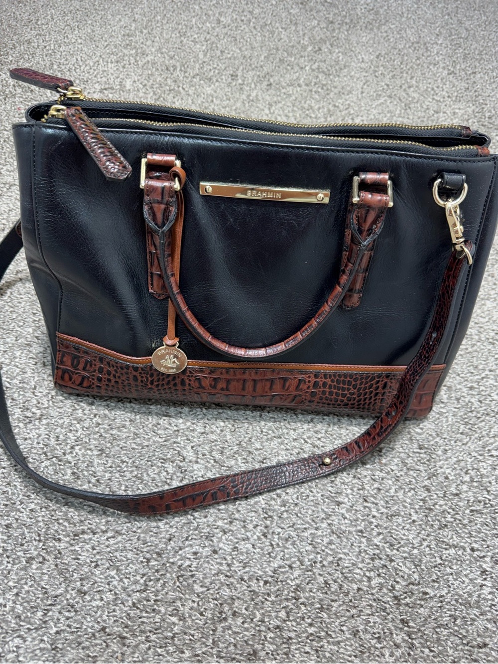 Brahmin Black Leather Satchel Shoulder Bag Brown Croc Embossed Trim Purse